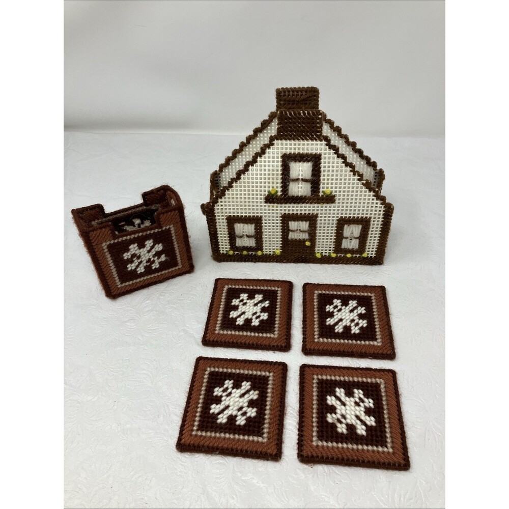 Vintage Needlepoint Napkin Holder & Coasters Snowflakes House Winter Christmas